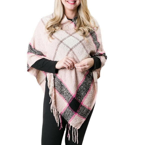 Top It Off Accessories - Cece Poncho Wrap Pink Fringe Plaid